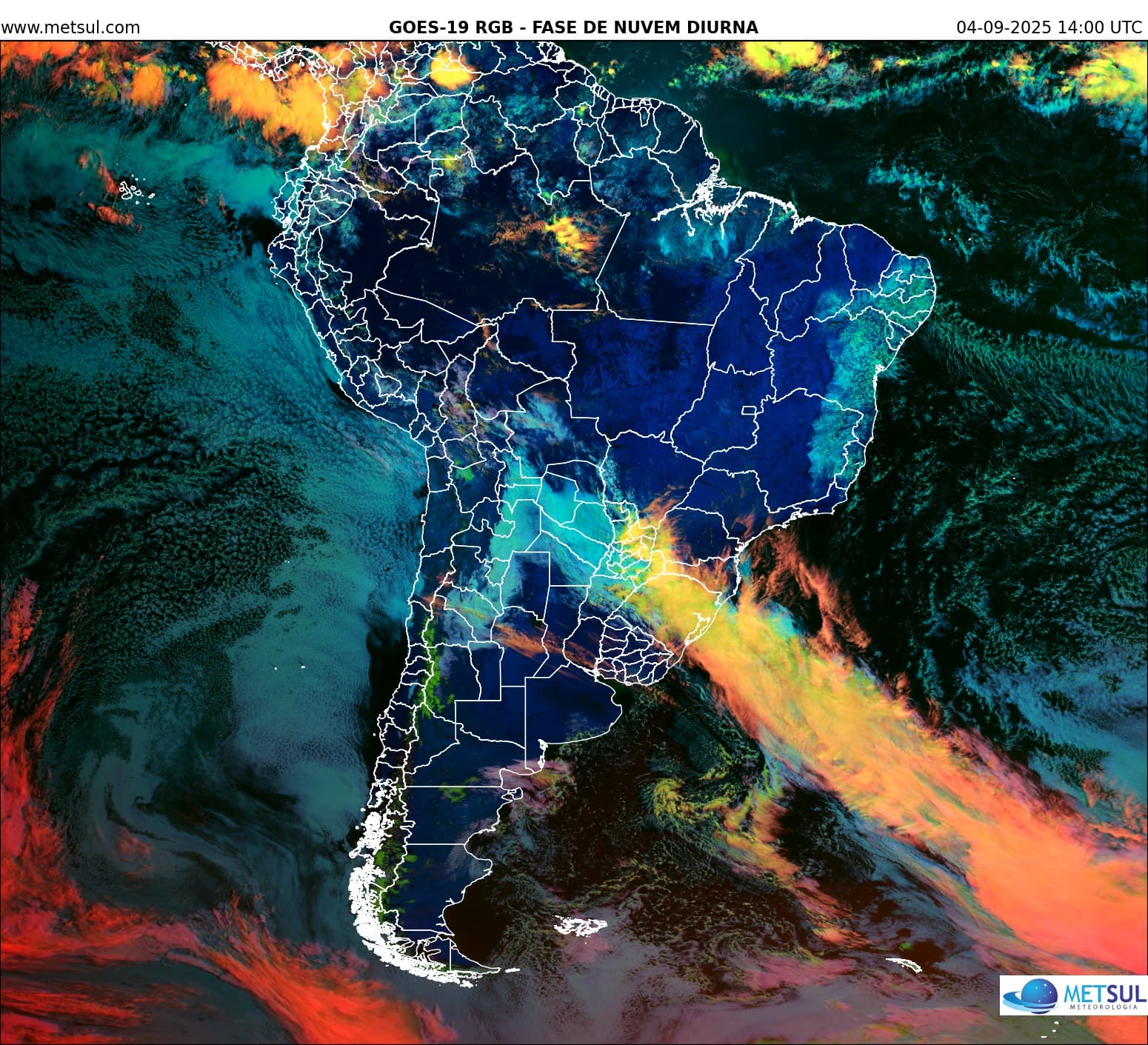 Imagem do satélite GOES-19 mostra frente fria na América do Sul 