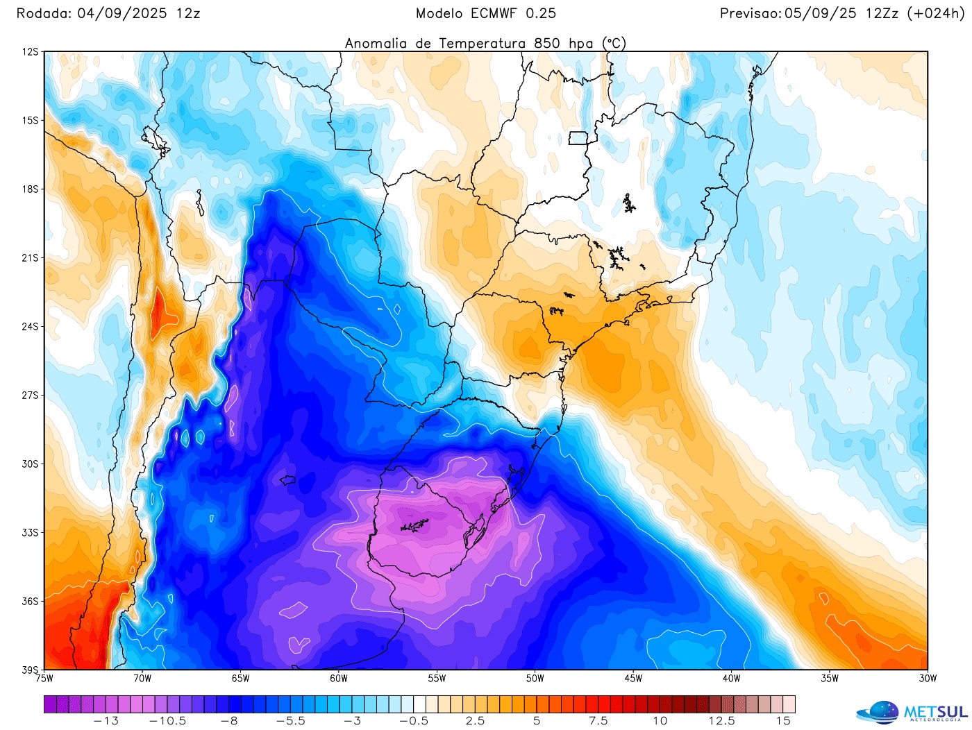 Mapa de anomalia de temperatura no nível de 850 hPa na manhã desta sexta-feira pelo modelo europeu