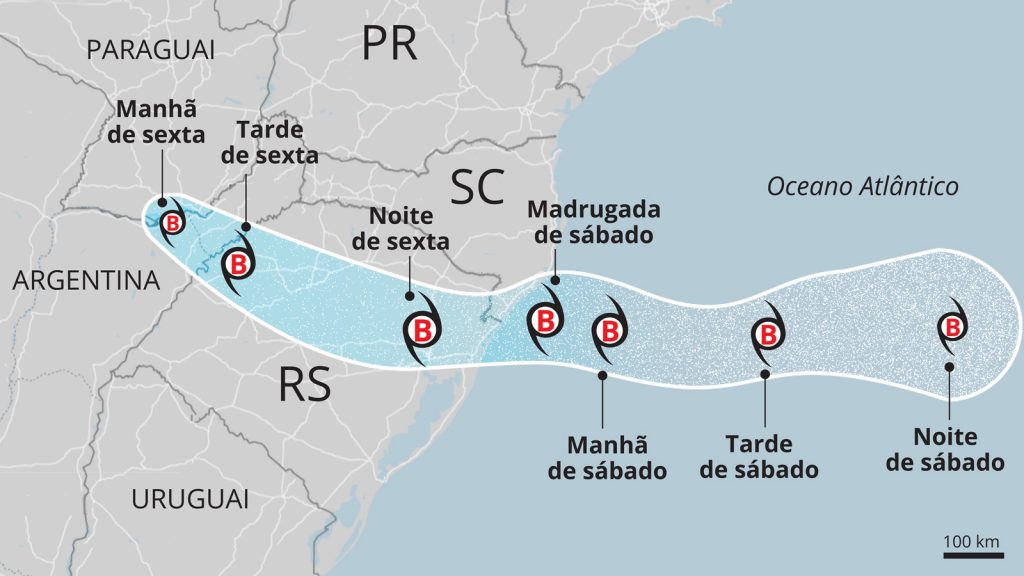 Confira a rota do ciclone e quais cidades têm maior risco de vento e tempestades