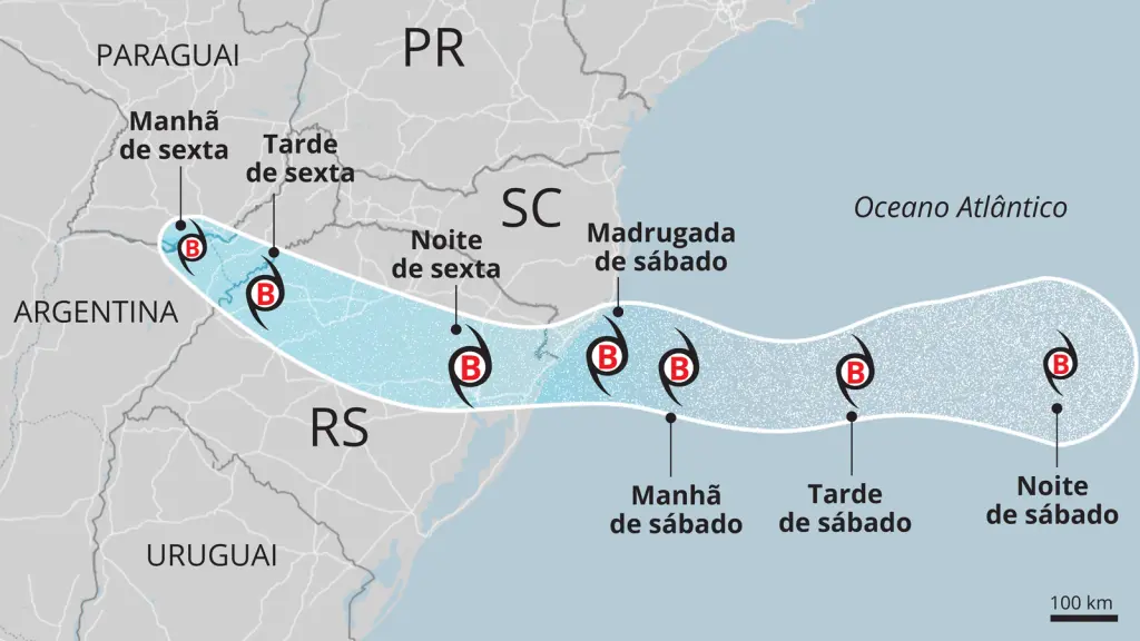 Confira a rota do ciclone e quais cidades têm maior risco de vento e tempestades