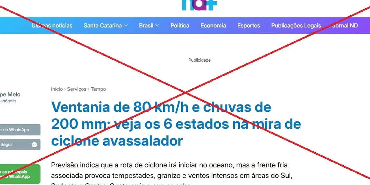 <span class="entry-title-primary">Verificamos: jornal catarinense mente sobre ciclone e frauda o leitor</span> <h2 class="entry-subtitle">Jornal ND Mais publicou matéria sobre "ciclone avassalador", o que nenhum centro de Meteorologia prevê e se trata de uma invenção </h2>