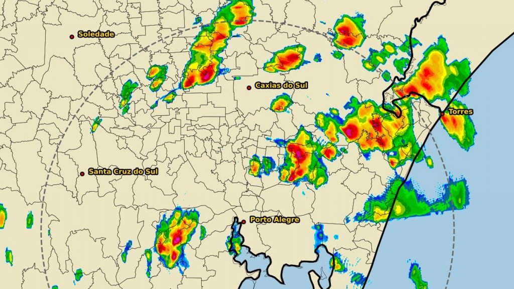 Agora: múltiplas células de tempestade com granizo no Rio Grande do Sul