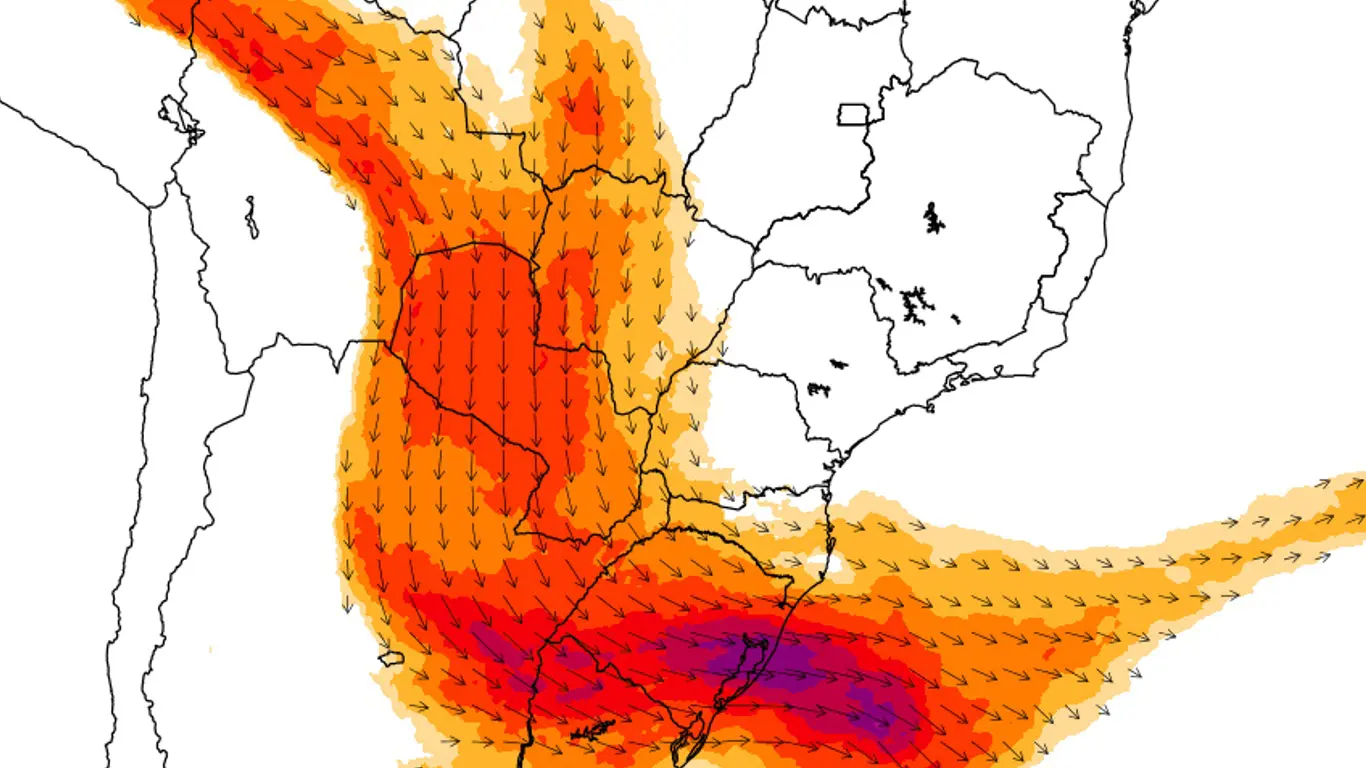 Rio atmosférico já trouxe chuva de 150 mm e seguirá por muitos dias Rio atmosférico atua sobre o Rio Grande do Sul com muita chuva, traz chuva volumosa e seguirá ainda por vários dias