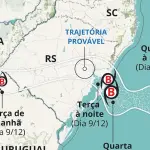 Confira a rota do ciclone e quais cidades têm maior risco de vento intenso
