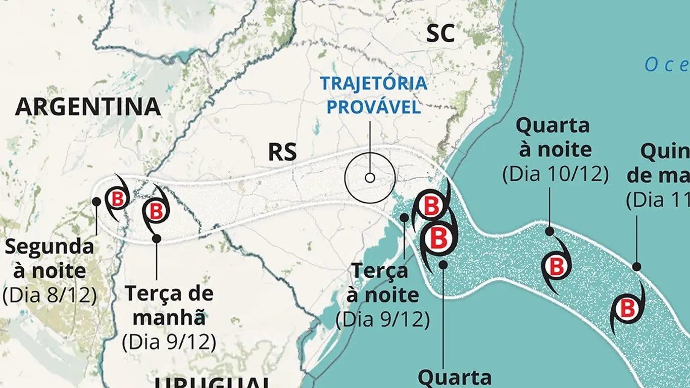 Confira a rota do ciclone e quais cidades têm maior risco de vento intenso Veja mapa elaborado pelos nossos meteorologistas da rota provável do ciclone e quais cidades têm maior risco de vento