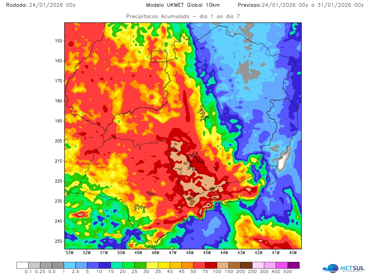 Mapa de chuva no Sudeste do Brasil