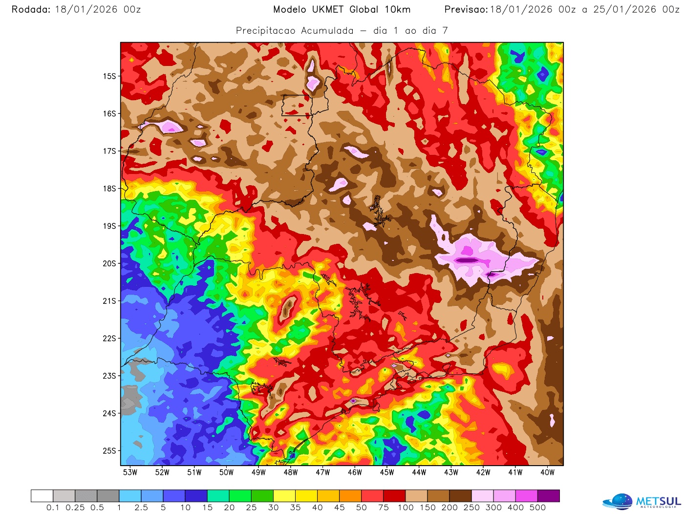 Mapa de chuva para sete dias do modelo UKMET