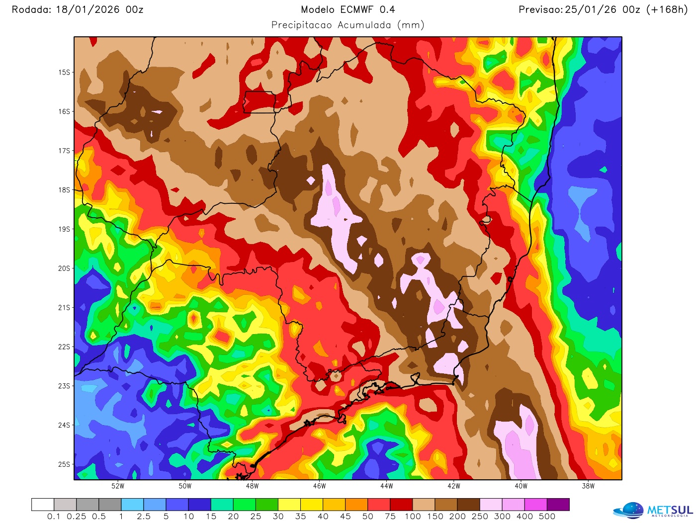 Mapa de chuva para sete dias do modelo ECMWF