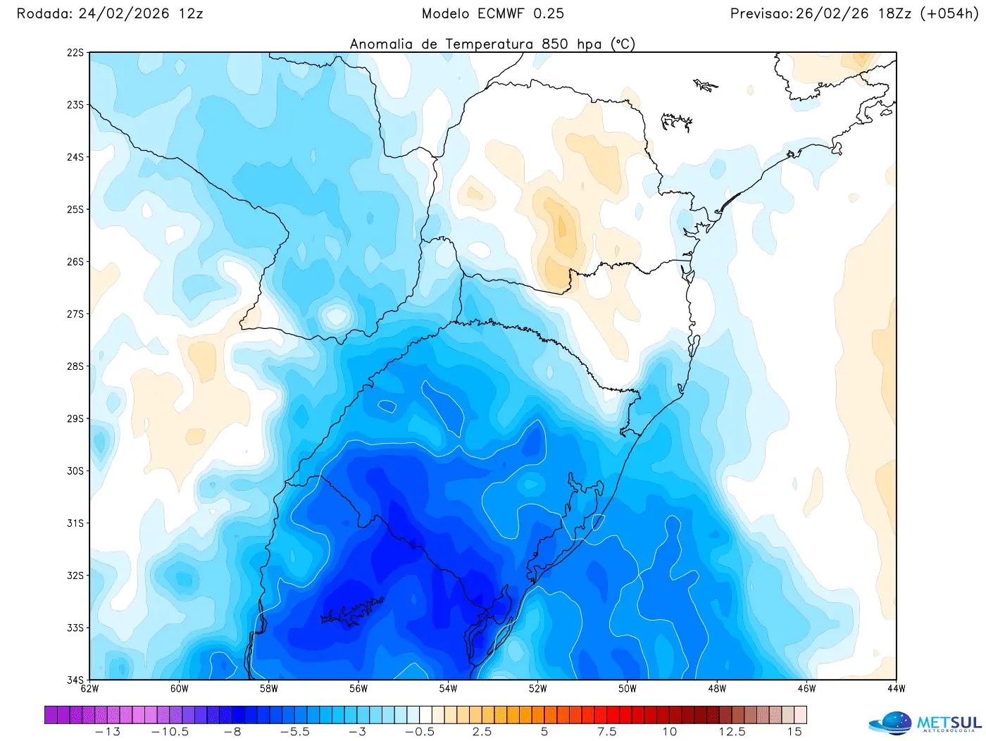 Mapa mostra massa de ar frio