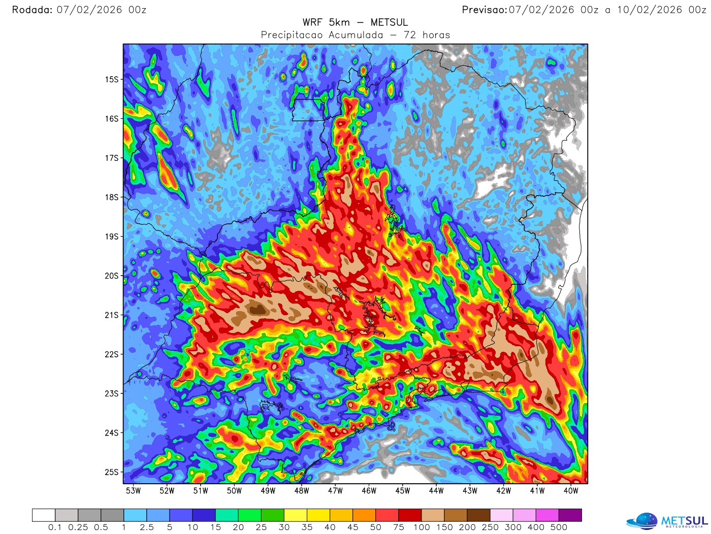 Mapa de chuva no Sudeste do modelo WRF
