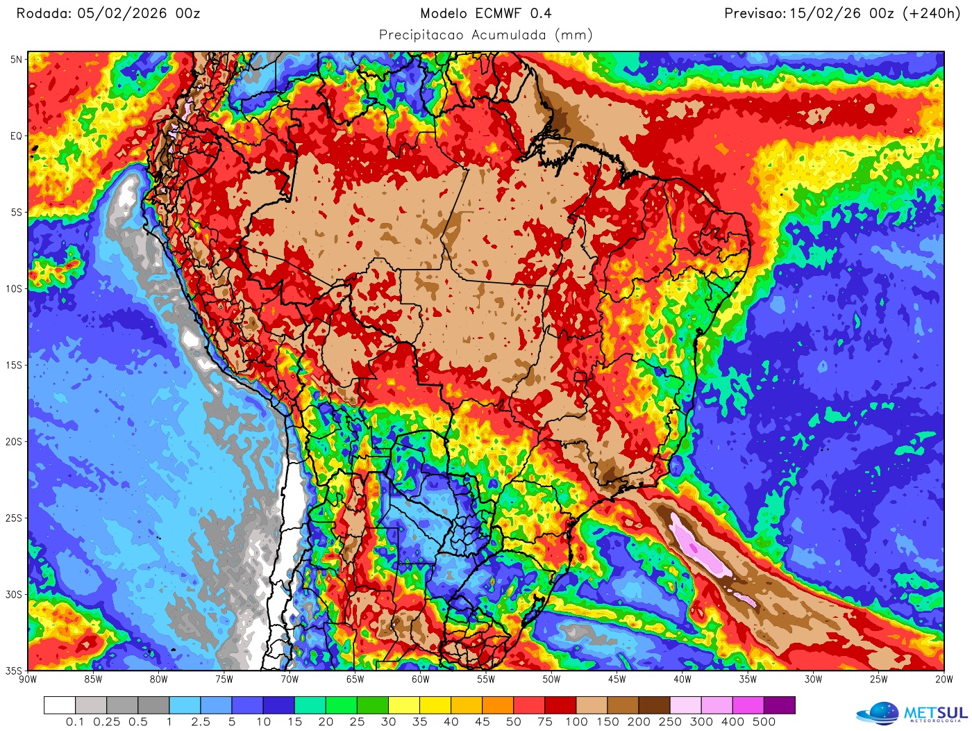 Mapa do modelo europeu de previsão de chuva para dez dias no Brasil