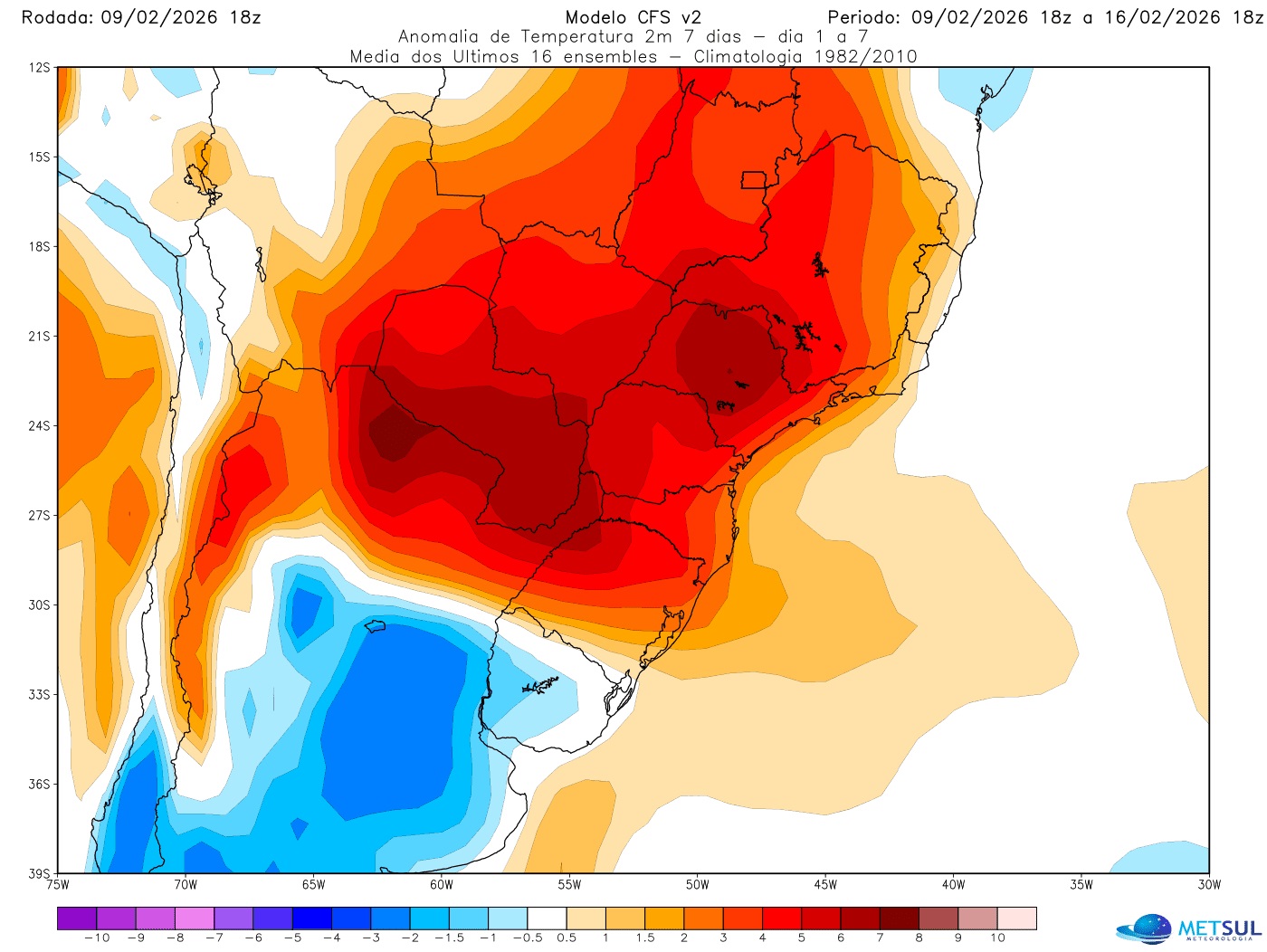 Mapa mostra áreas que terão calor intenso pela massa de ar quente