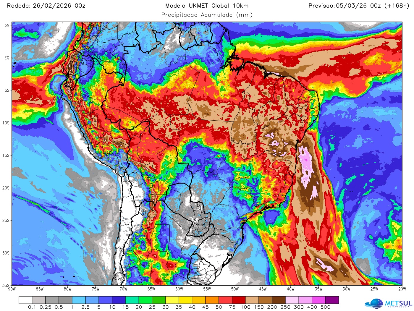 Mapa mostra projeção de chuva para sete dias no Brasil do modelo britânico UKMET