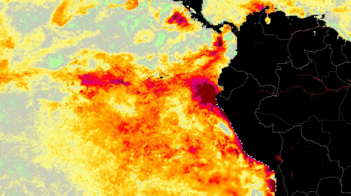 Mapa de anomalia de temperatura da superfície do mar do começo desta semana mostra um grande aquecimento das águas nos litorais do Peru e do Equador com o El Niño Costeiro