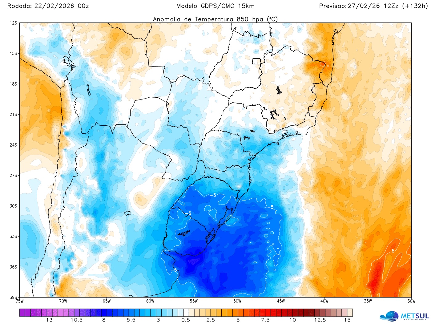 Mapa mostra avanço da massa de ar frio