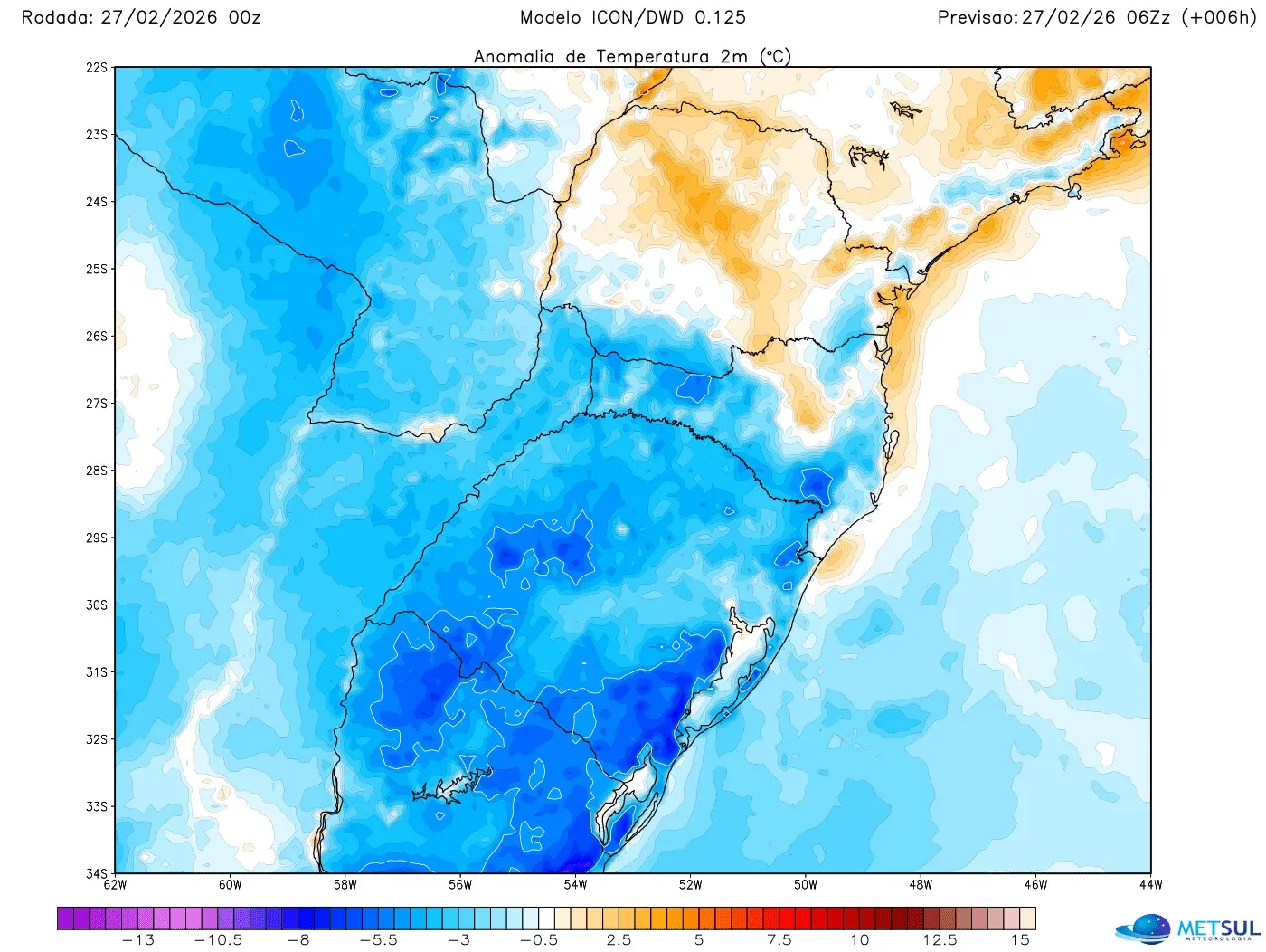 Mapa mostra anomalia de temperatura com frio no Sul