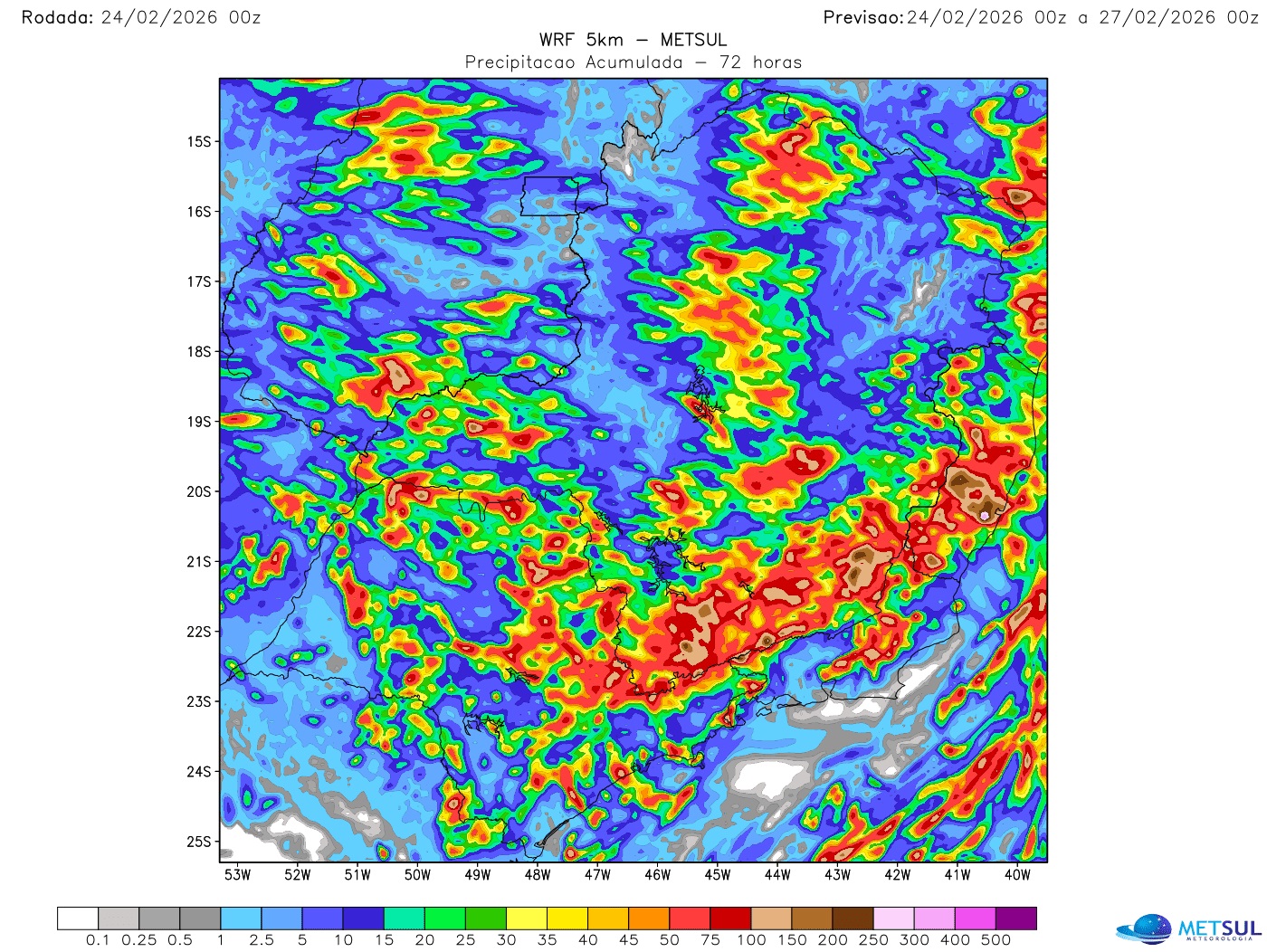 Mapa de chuva do modelo WRF para Minas Gerais