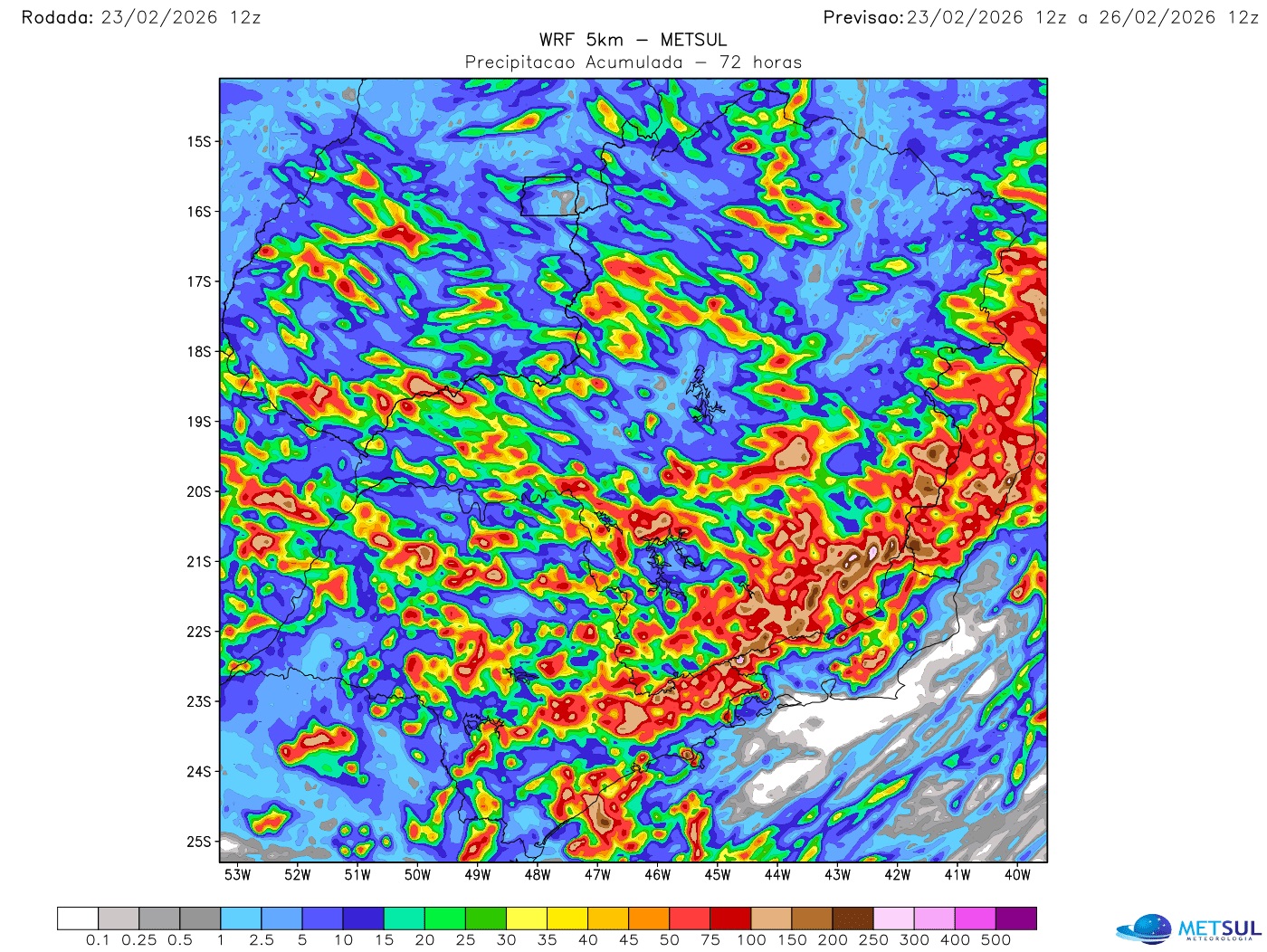 Mapa de chuva do modelo WRF para o Sudeste