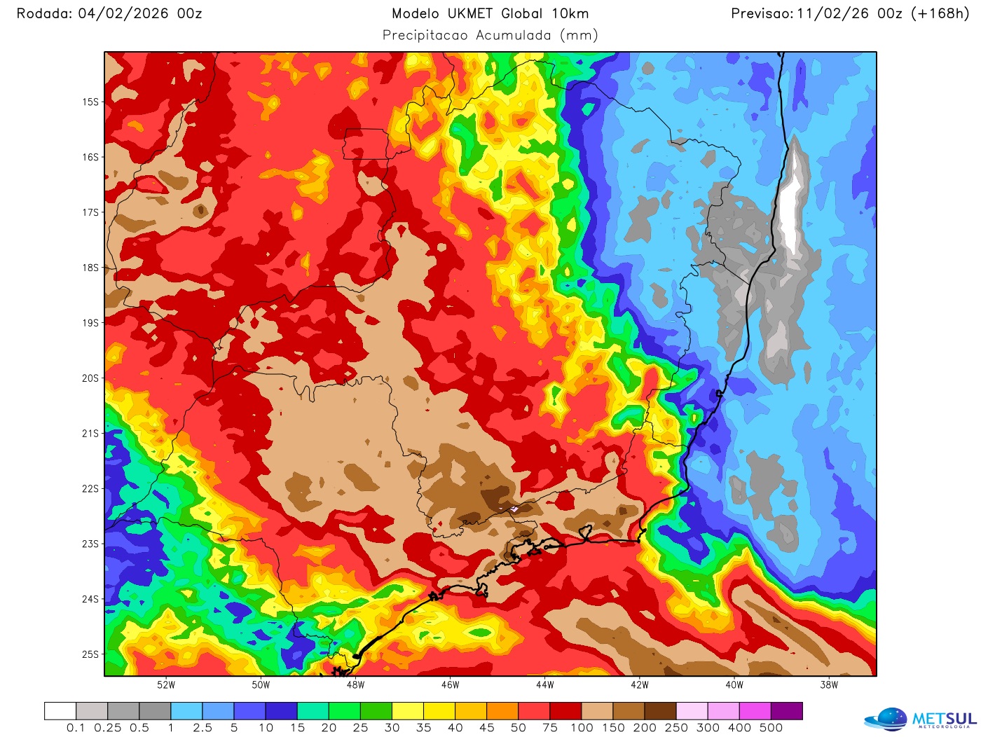 Mapa de chuva na Região Sudeste