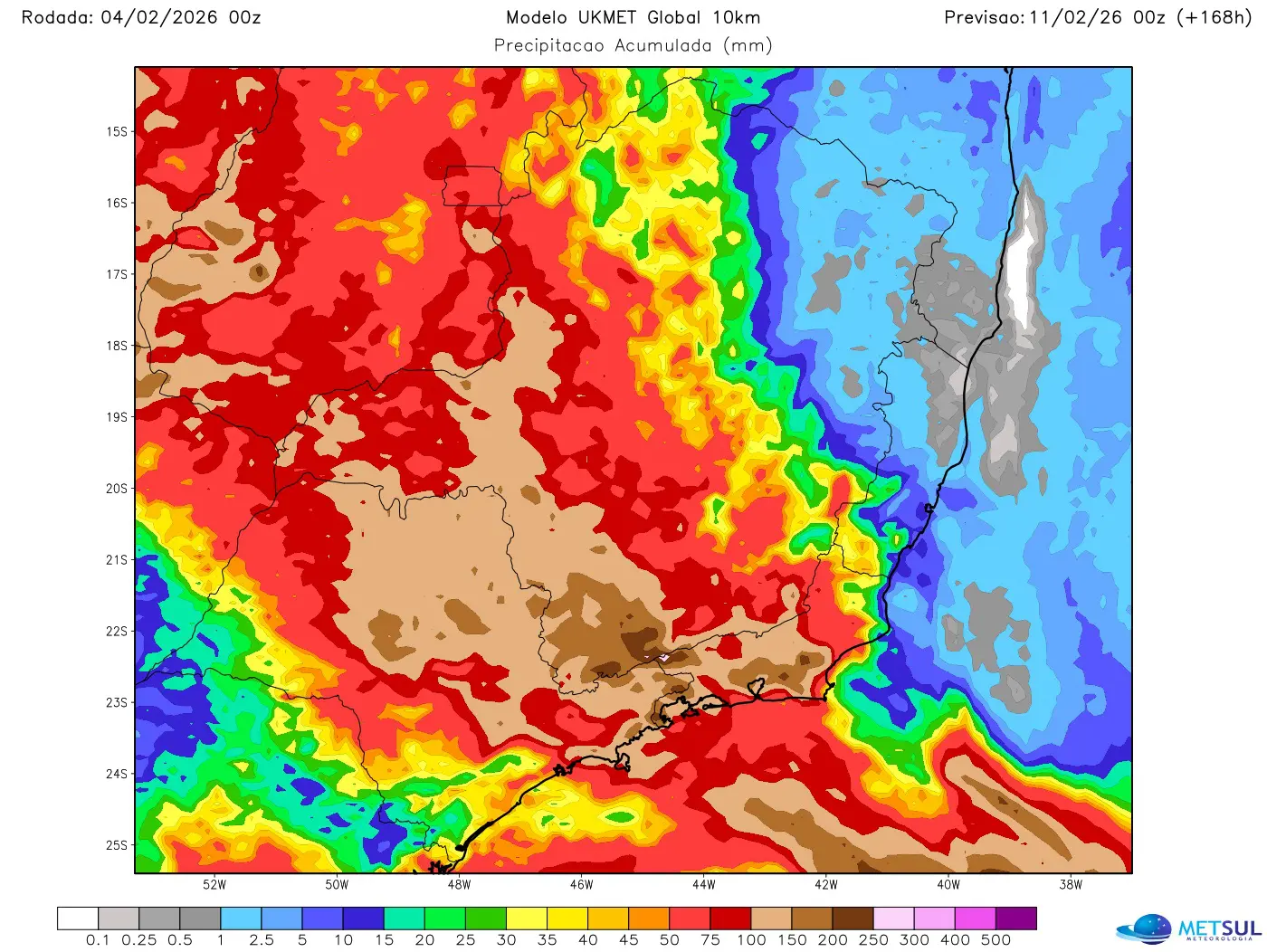 Mapa de chuva na Região Sudeste