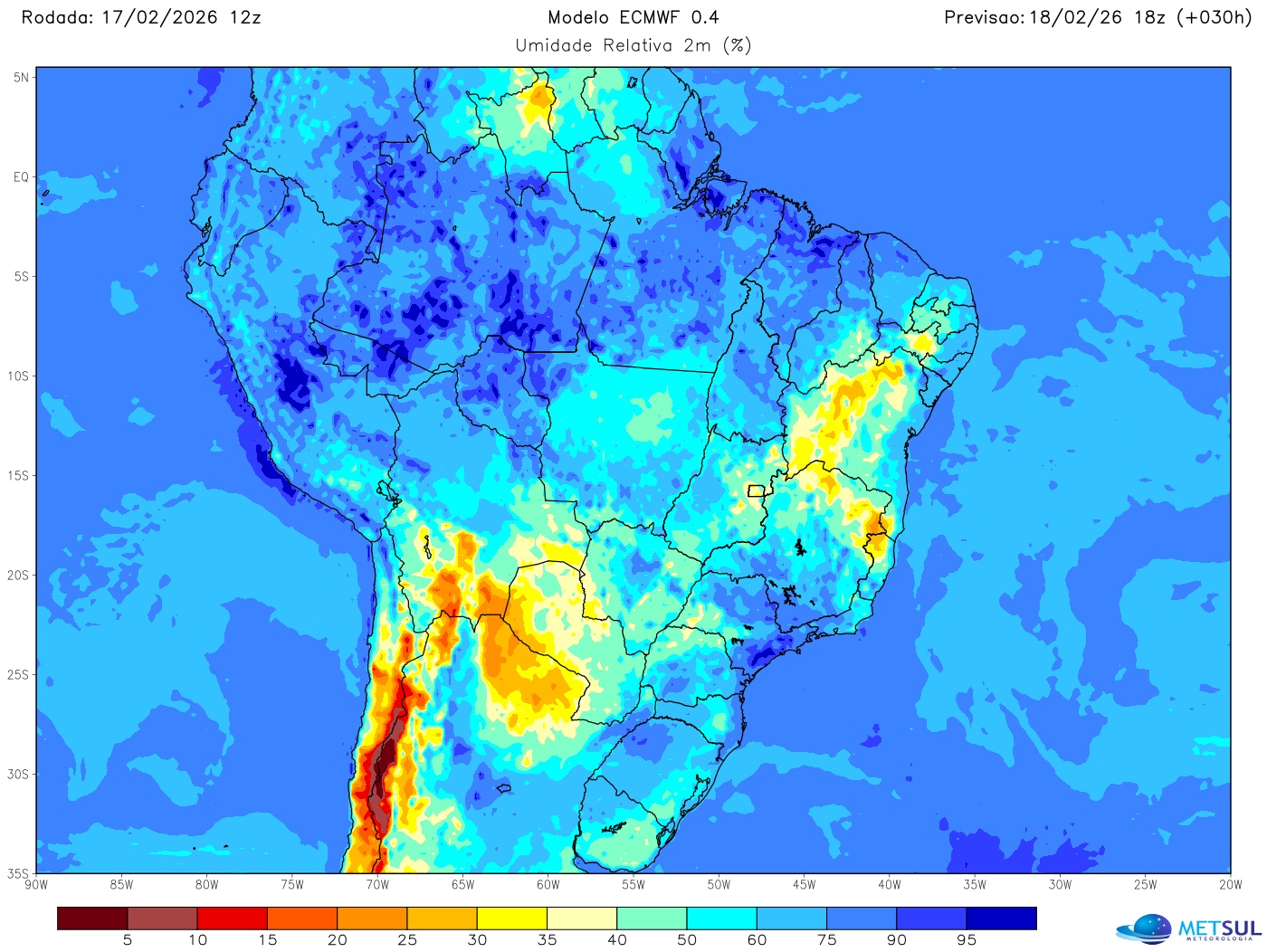 Mapa de umidade no Brasil