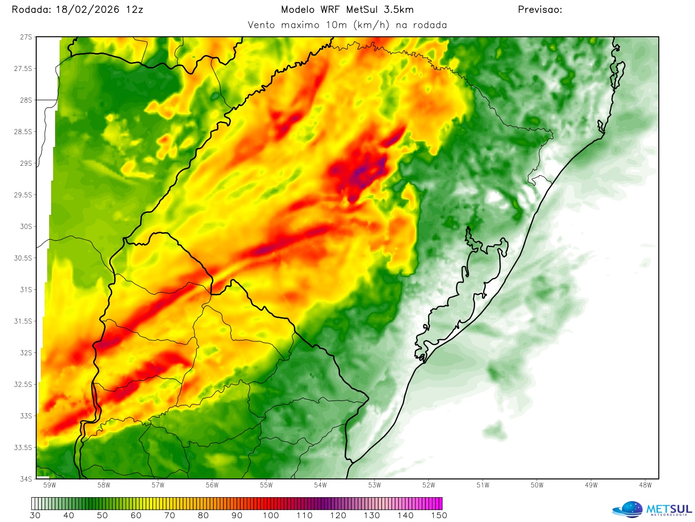 Mapa de vento com risco de vendavais do modelo WRF