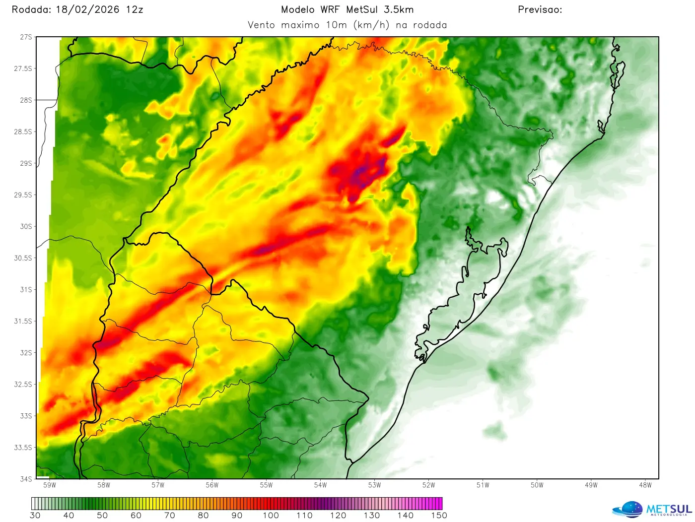 Mapa de vento com risco de vendavais do modelo WRF