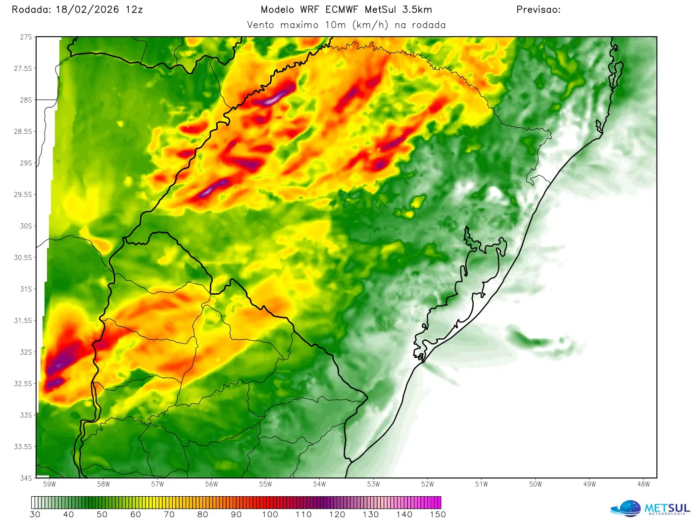 Mapa de vento com risco de vendavais do modelo WRF