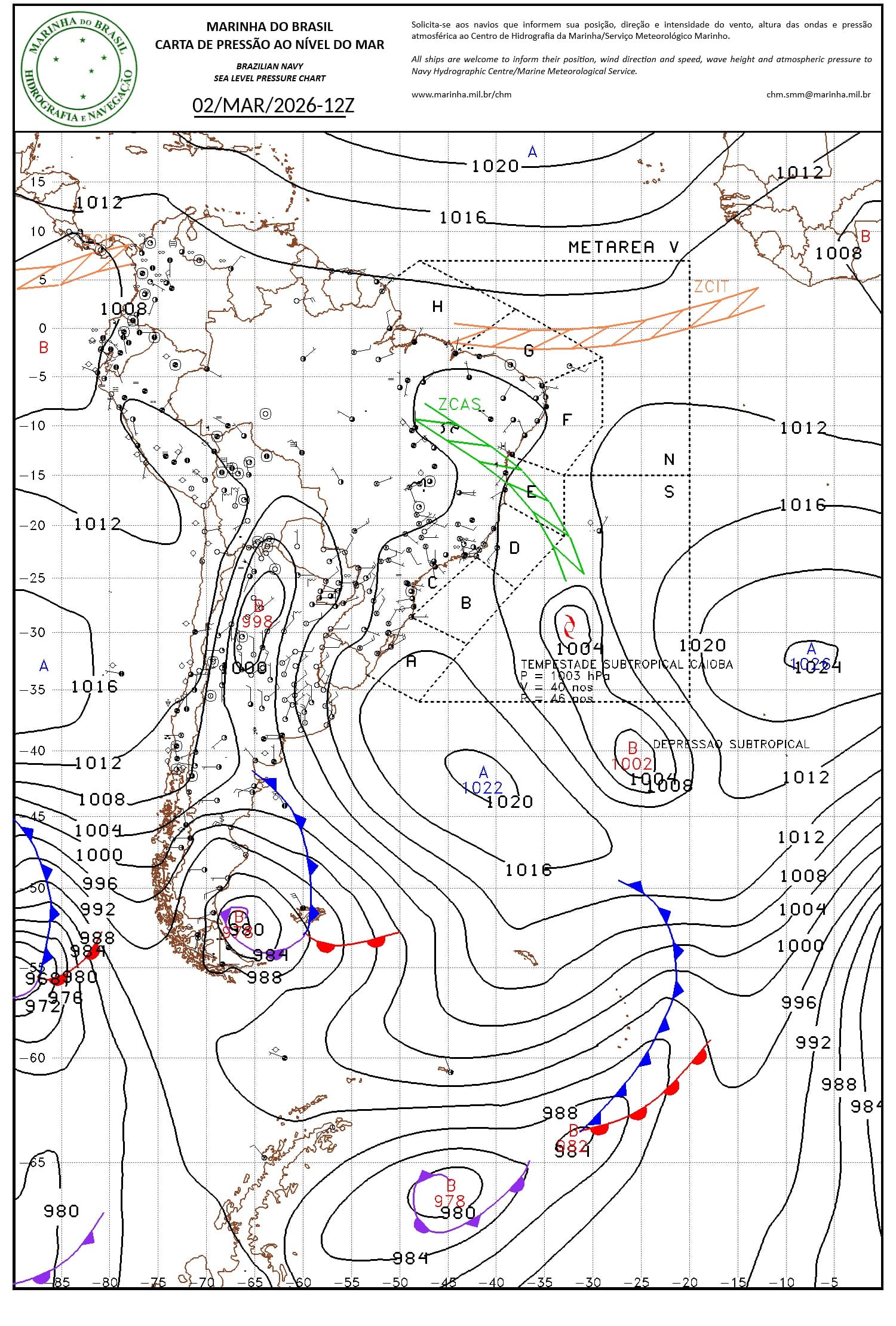 Carta sinótica da Marinha das 12Z de hoje indicando Caiobá no Atlântico