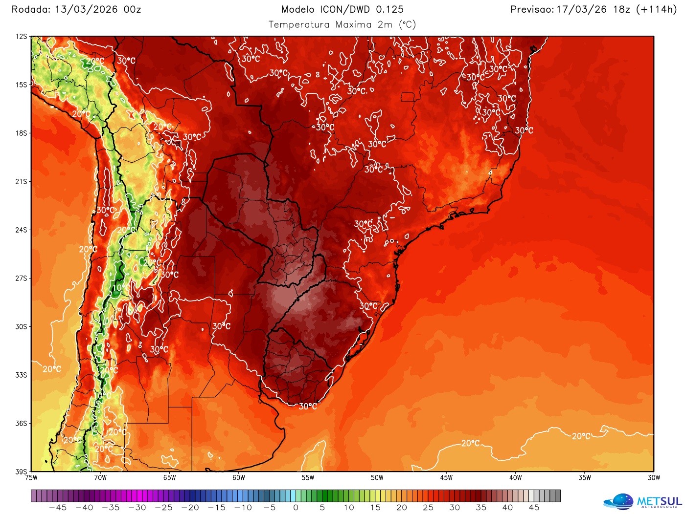 Mapa mostra o calor previsto no Brasil e outros países