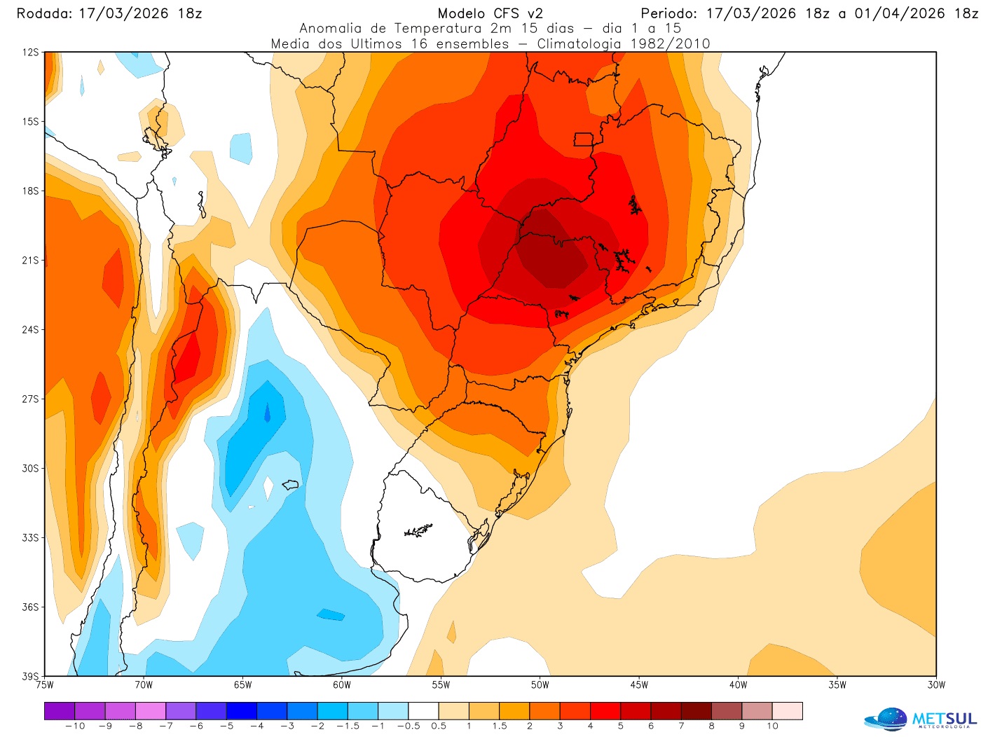 Mapa de anomalia de temperatura indica dias de calor