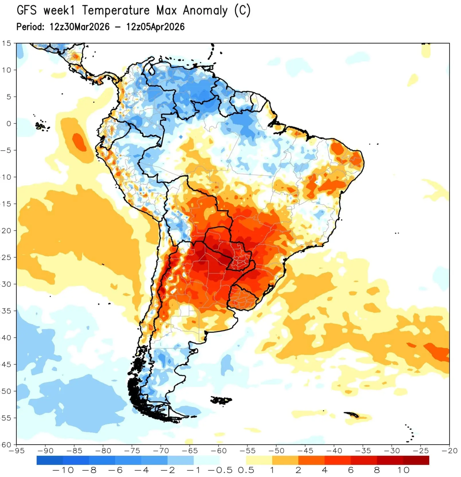 Mapa de anomalia de temperatura máxima para a semana do modelo norte-americano GFS