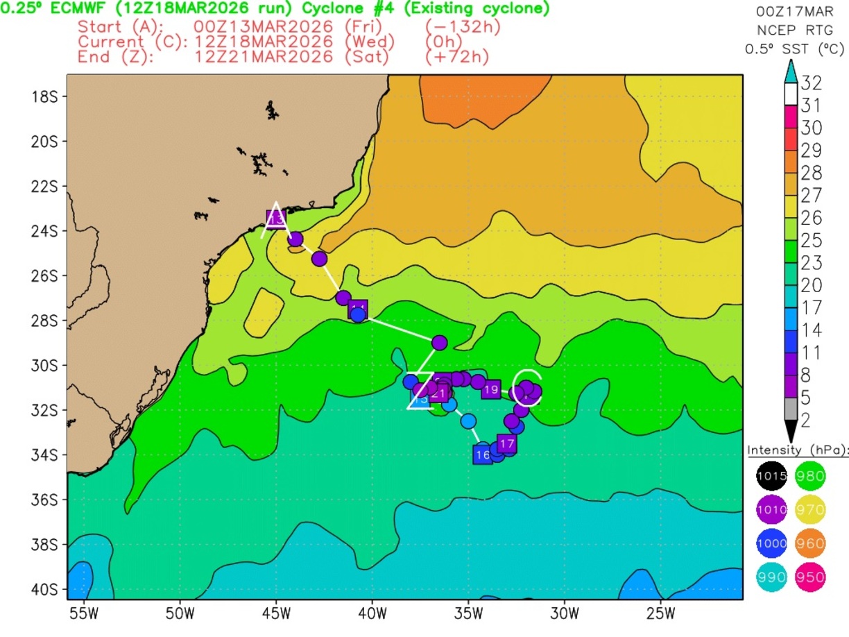 Mapa mostra a trajetória do ciclone dia a dia pelo modelo europeu