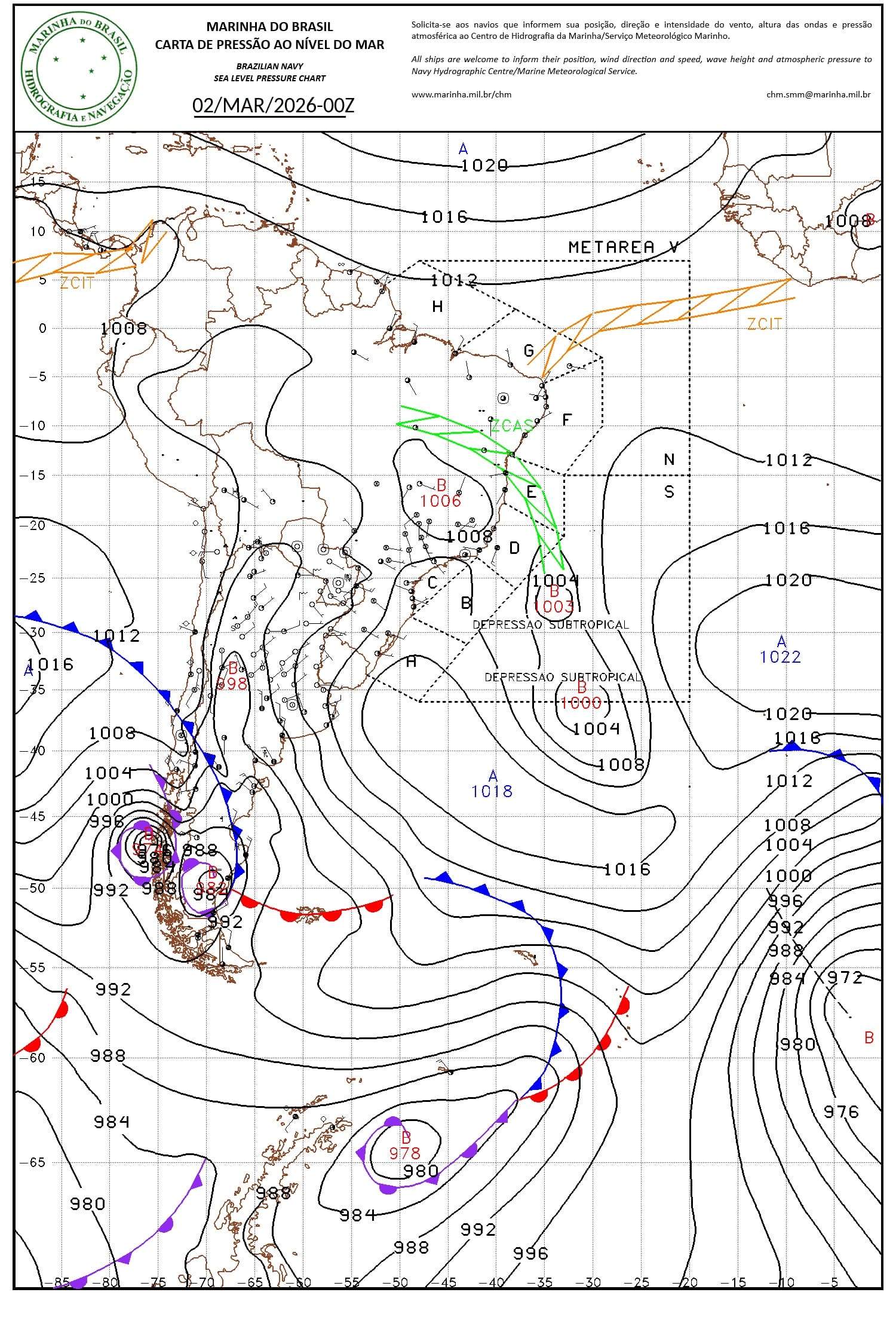 Carta sinótica com duas depressões subtropicais na costa