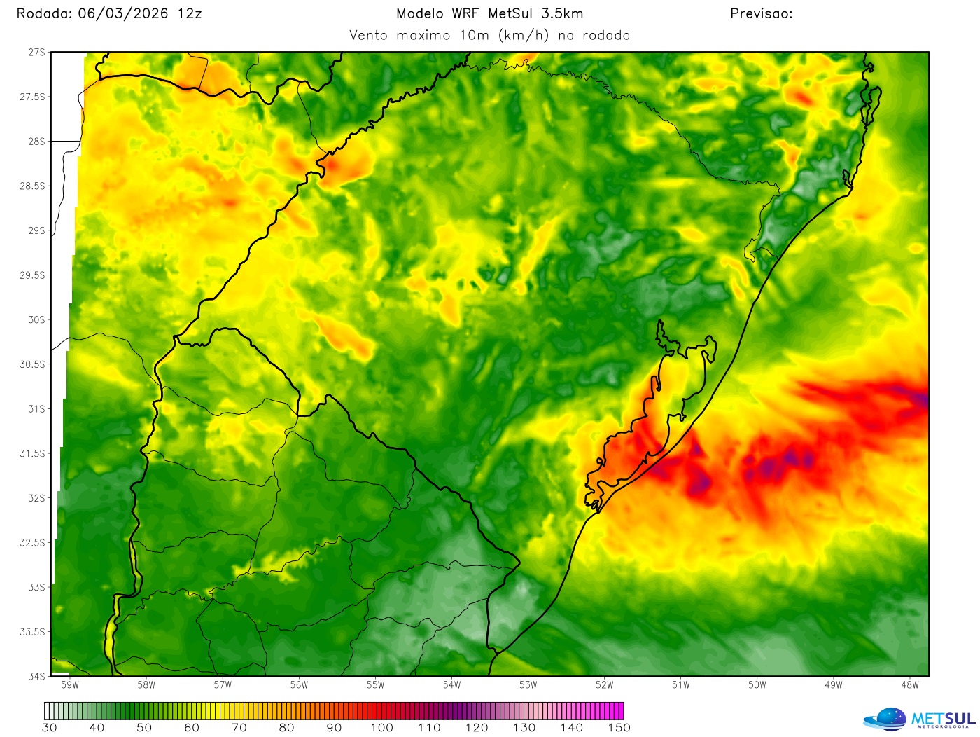 Mapa de vento máximo do modelo WRF