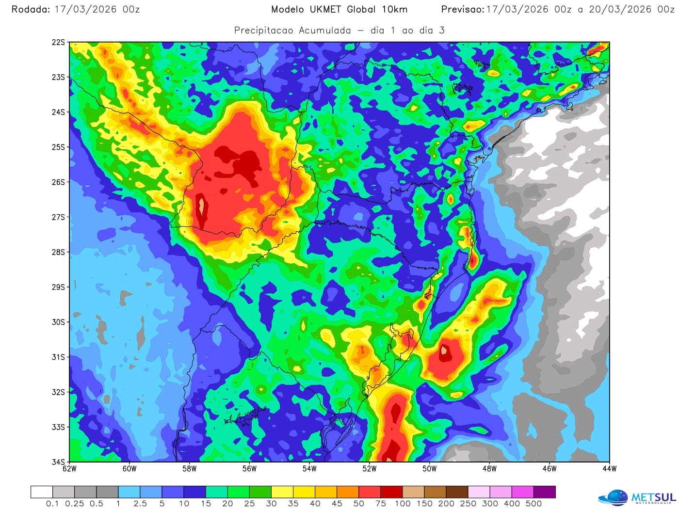 Mapa de chuva pela frente fria