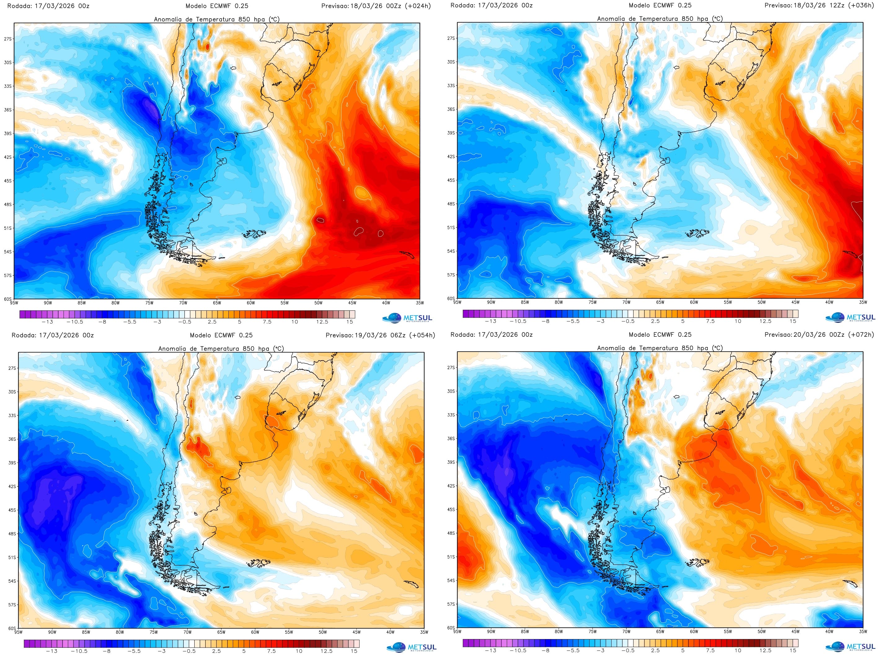 Mapas de temperatura mostram massas de ar na atuação da frente fria