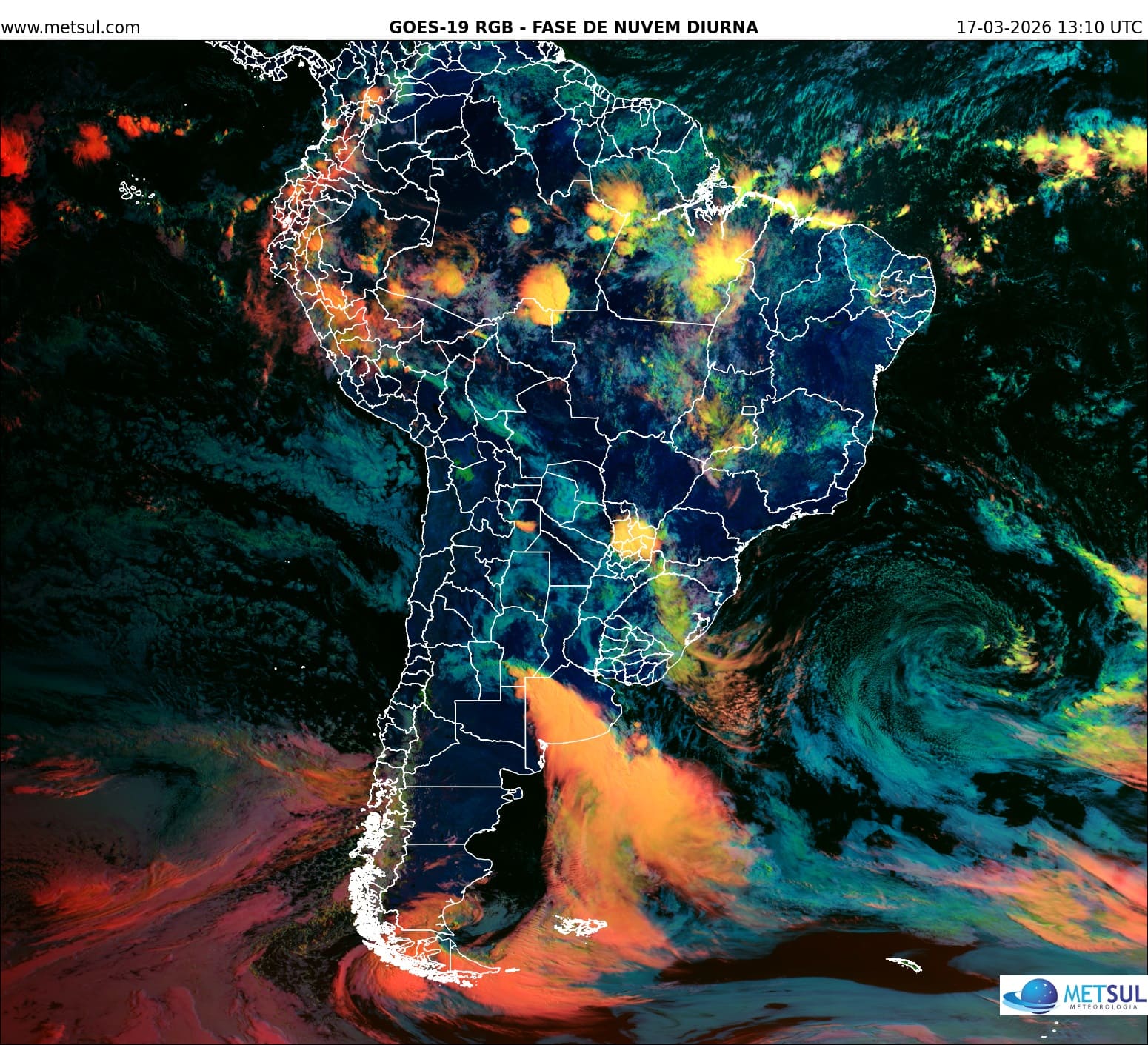 Imagem do satélite meteorológico GOES-19 da manhã de hoje mostra a frente fria avançando pelo Centro da Argentina