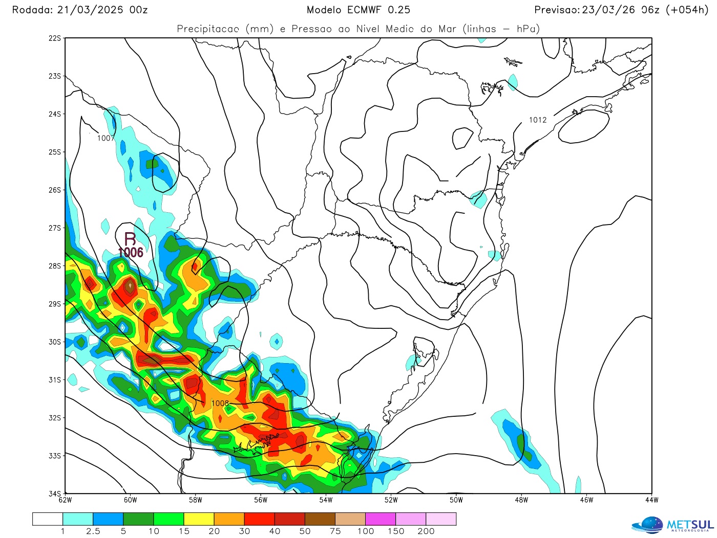 Mapa do modelo europeu mostra o avanço da frente fria na segunda