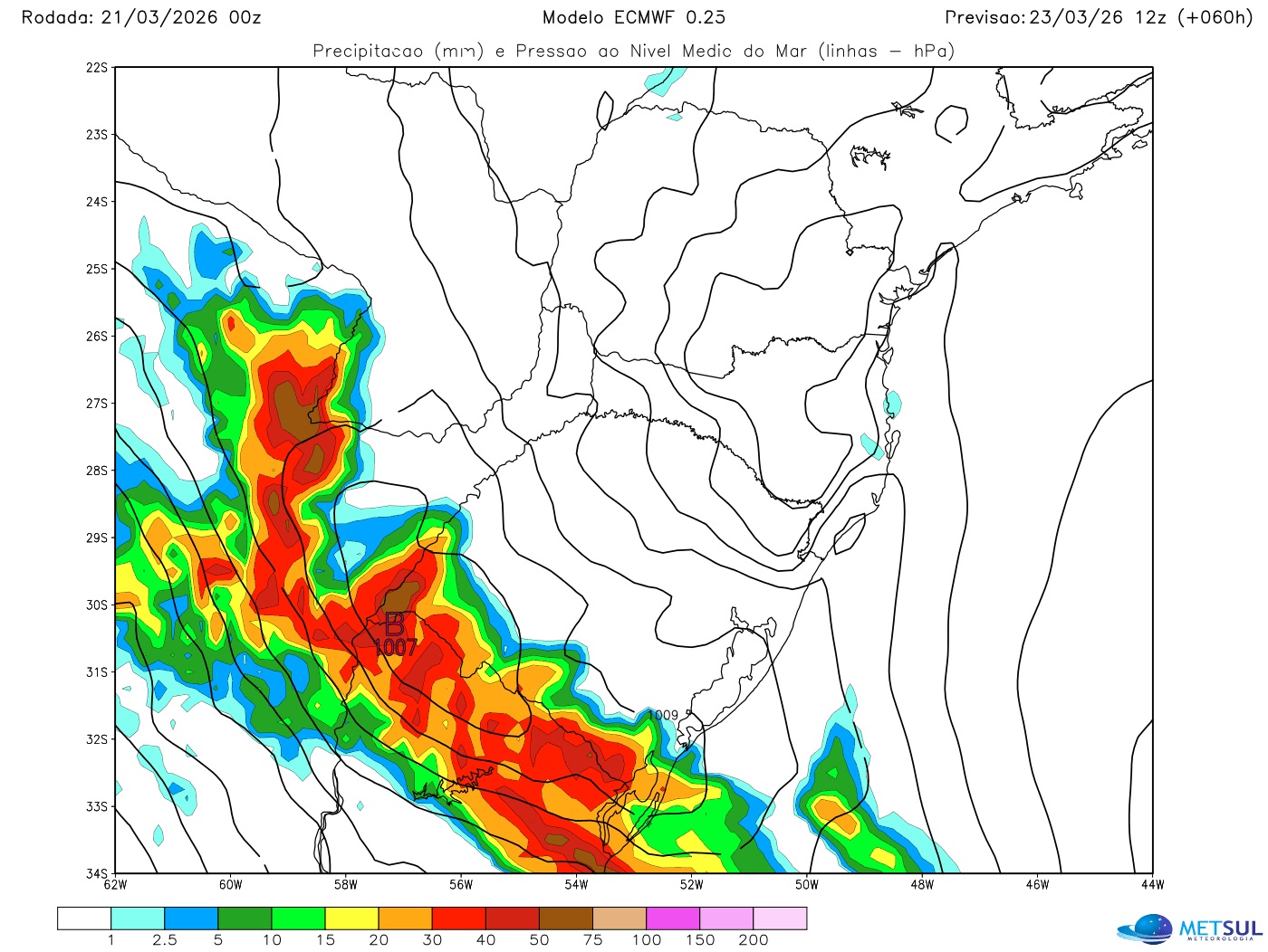 Mapa do modelo europeu mostra o avanço da frente fria na segunda