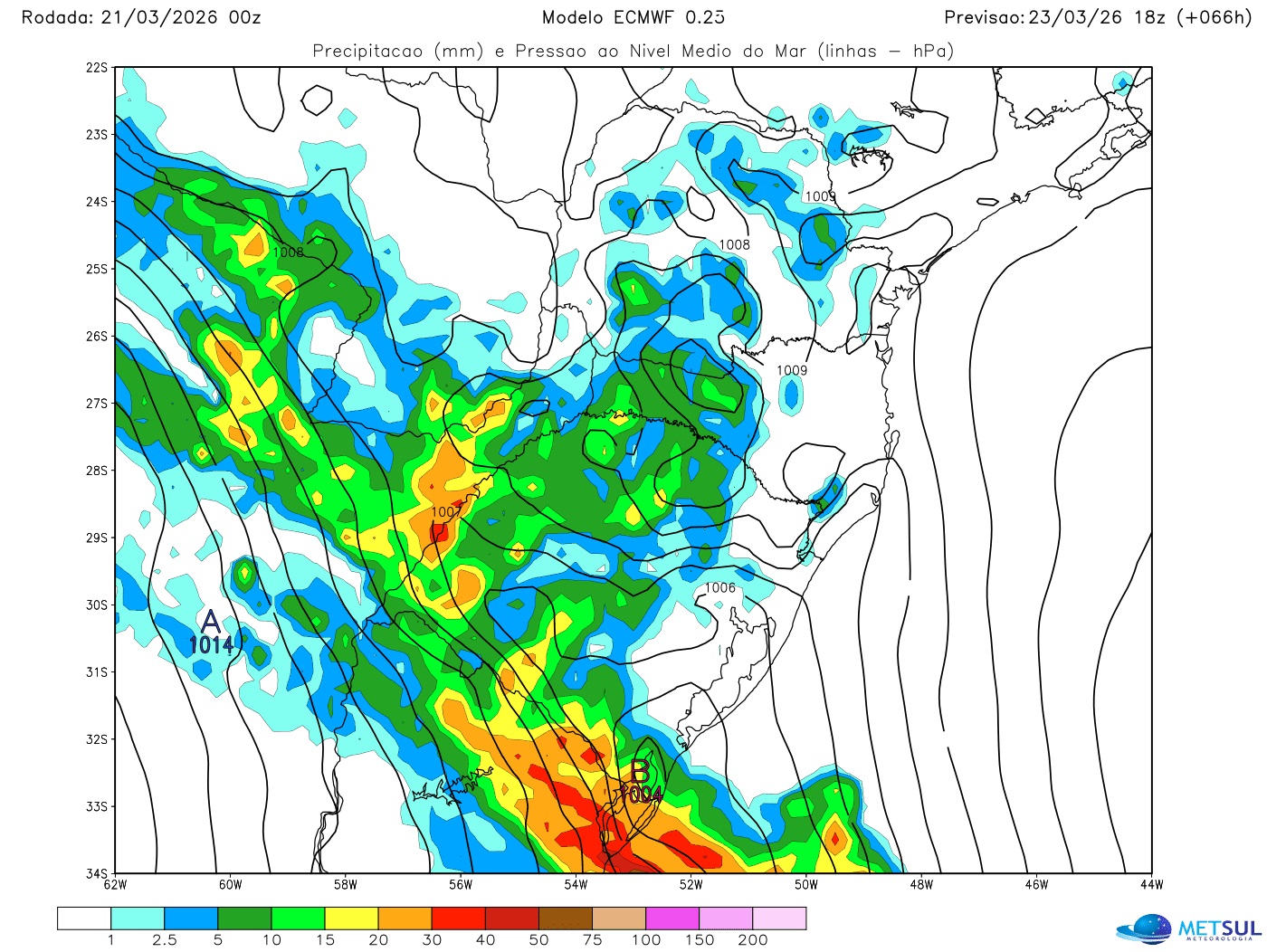 Mapa do modelo europeu mostra o avanço da frente fria na segunda
