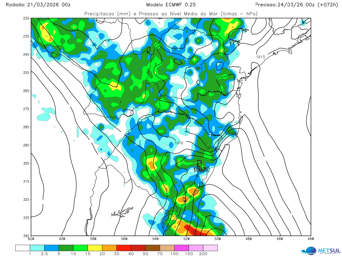 Mapa do modelo europeu mostra o avanço da frente fria na segunda
