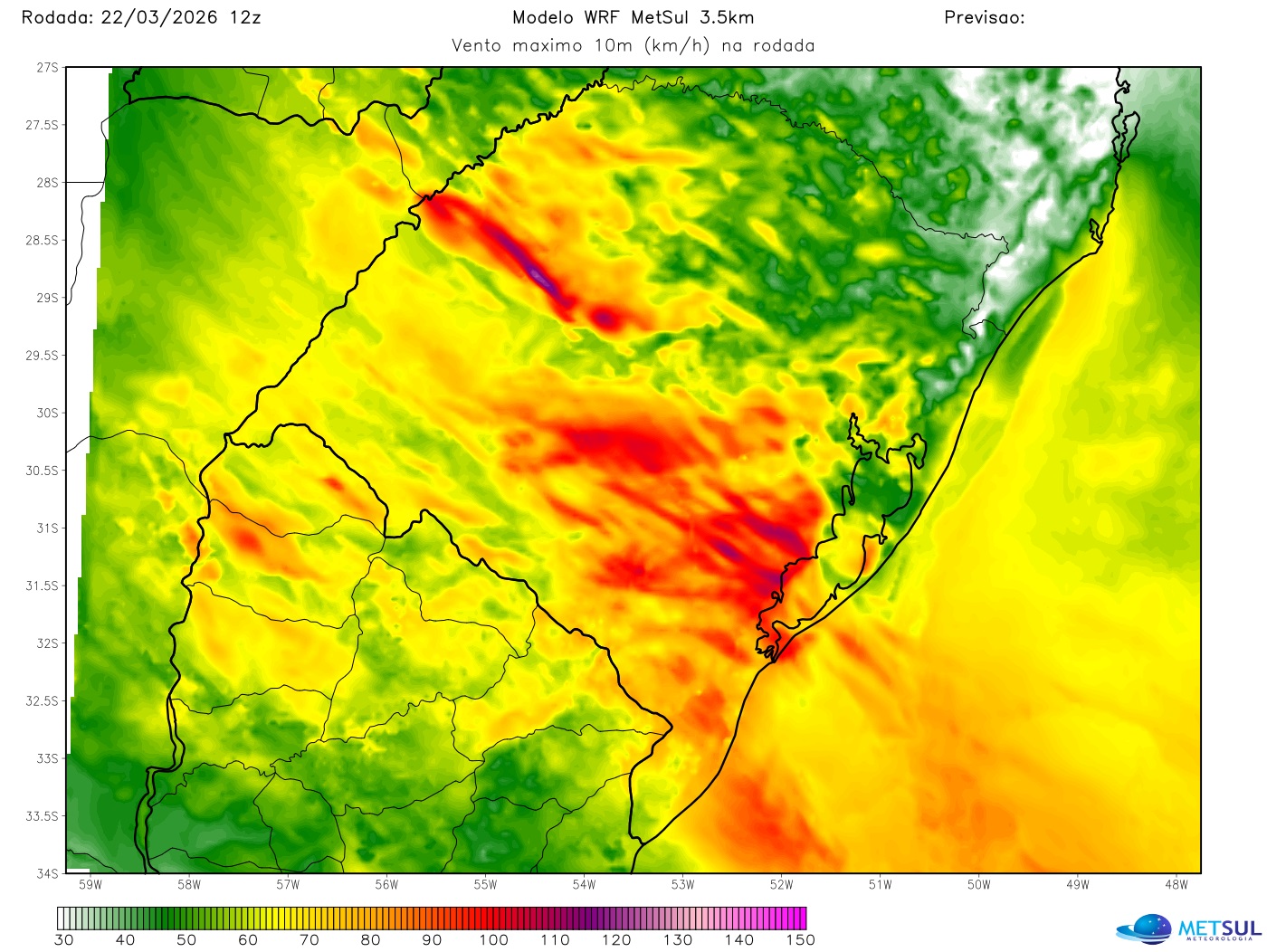 Mapa de vento máximo do modelo WRF