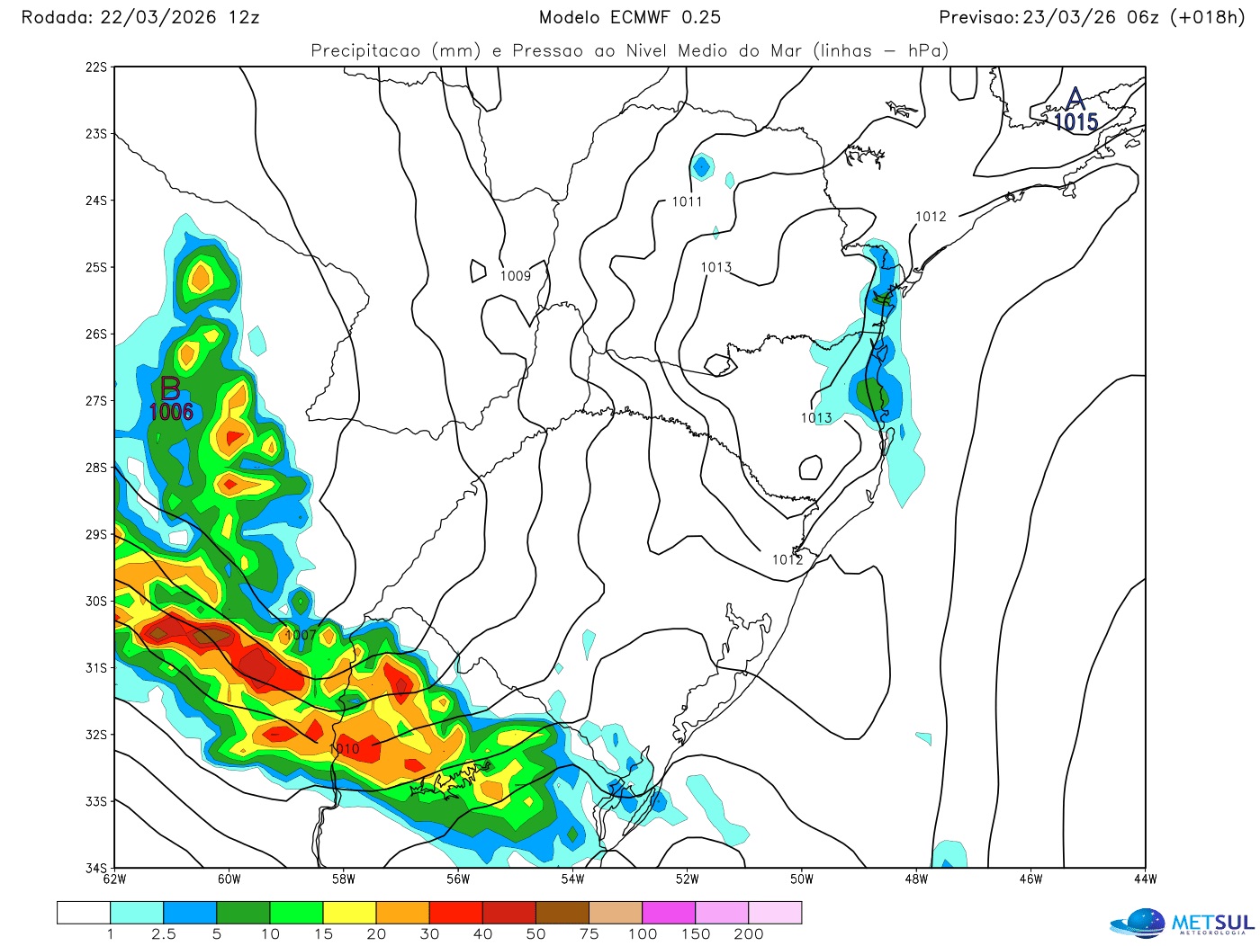 Mapa do modelo europeu mostra avanço da frente fria e a formação do ciclone