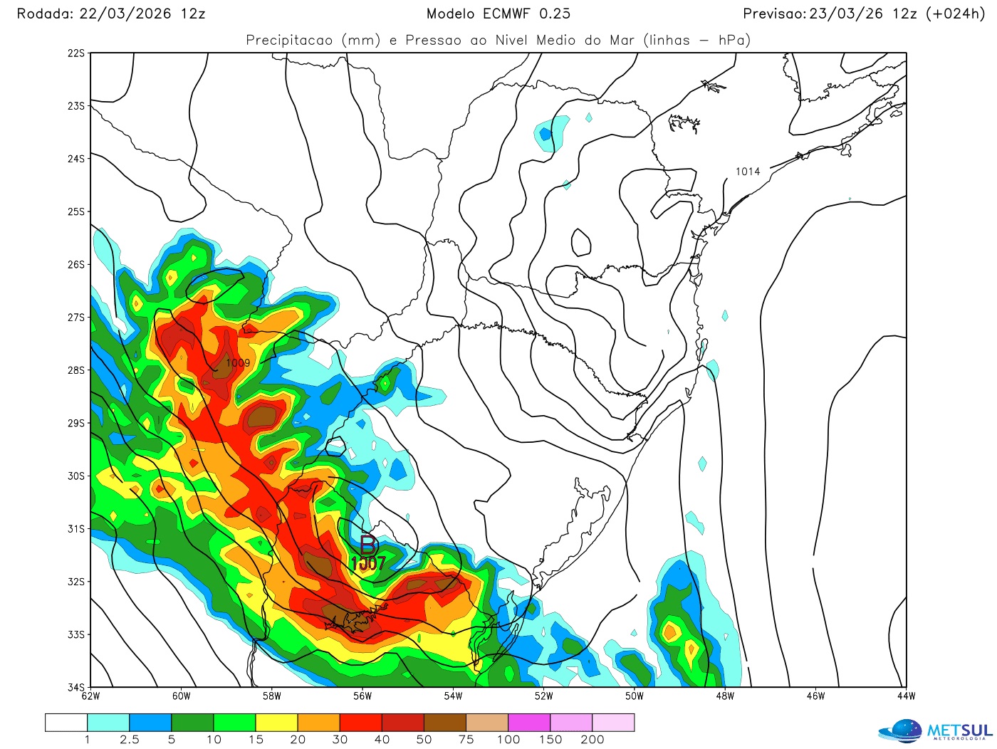 Mapa do modelo europeu mostra avanço da frente fria e a formação do ciclone