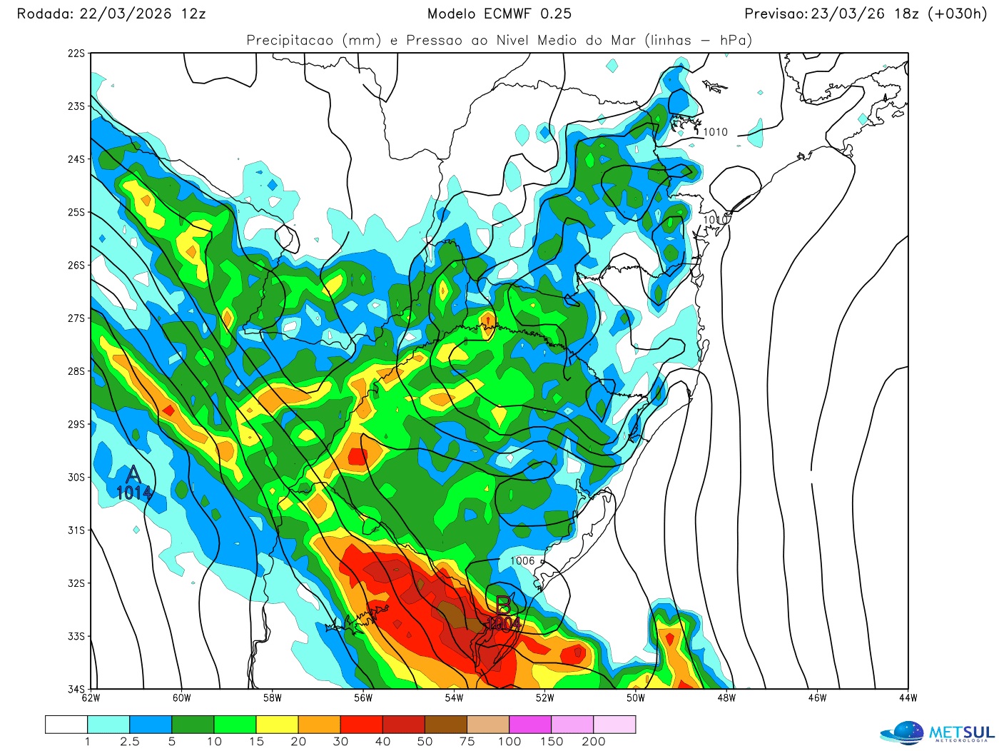 Mapa do modelo europeu mostra avanço da frente fria e a formação do ciclone