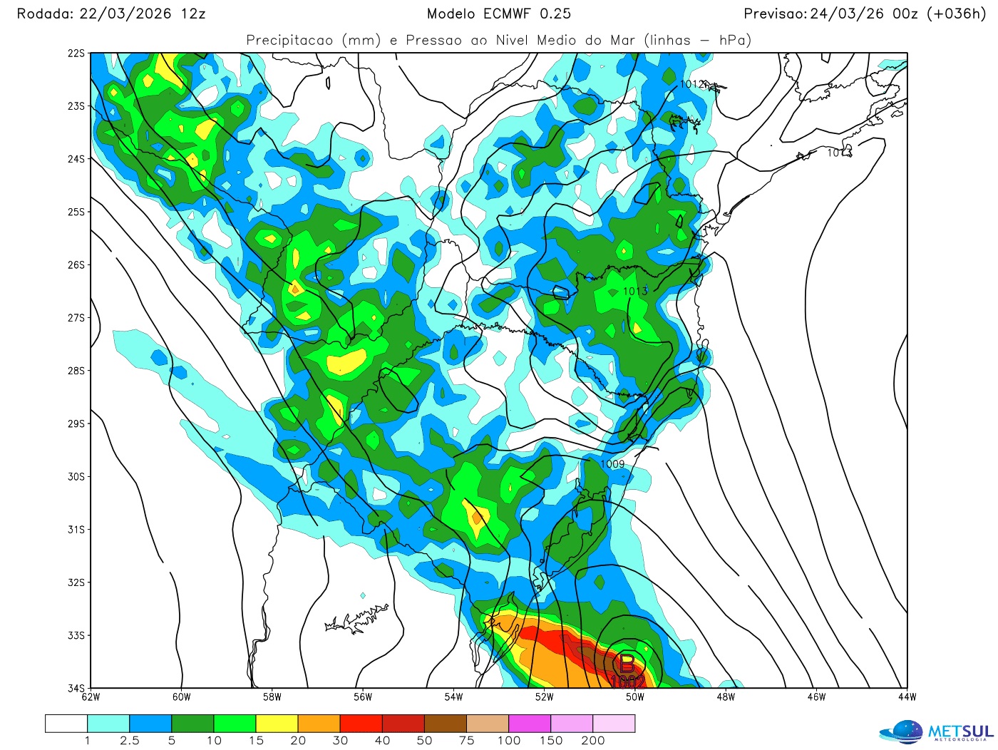 Mapa do modelo europeu mostra avanço da frente fria e a formação do ciclone