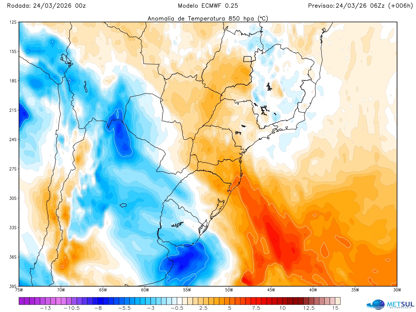 Mapa do modelo europeu mostra massa de ar frio