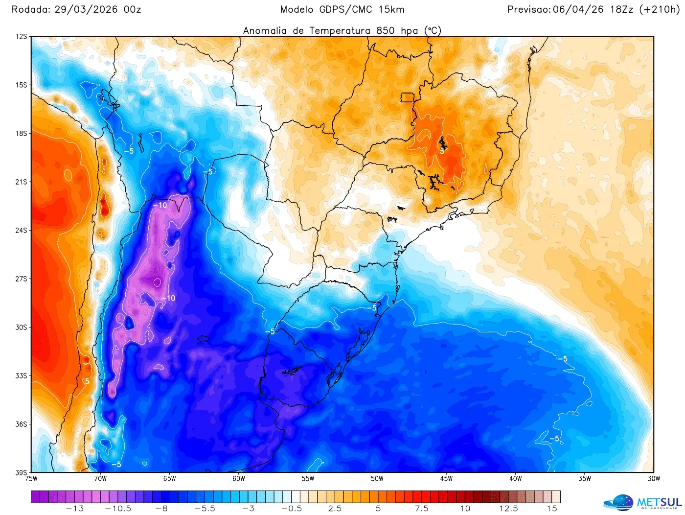 Mapa mostra massa de ar frio