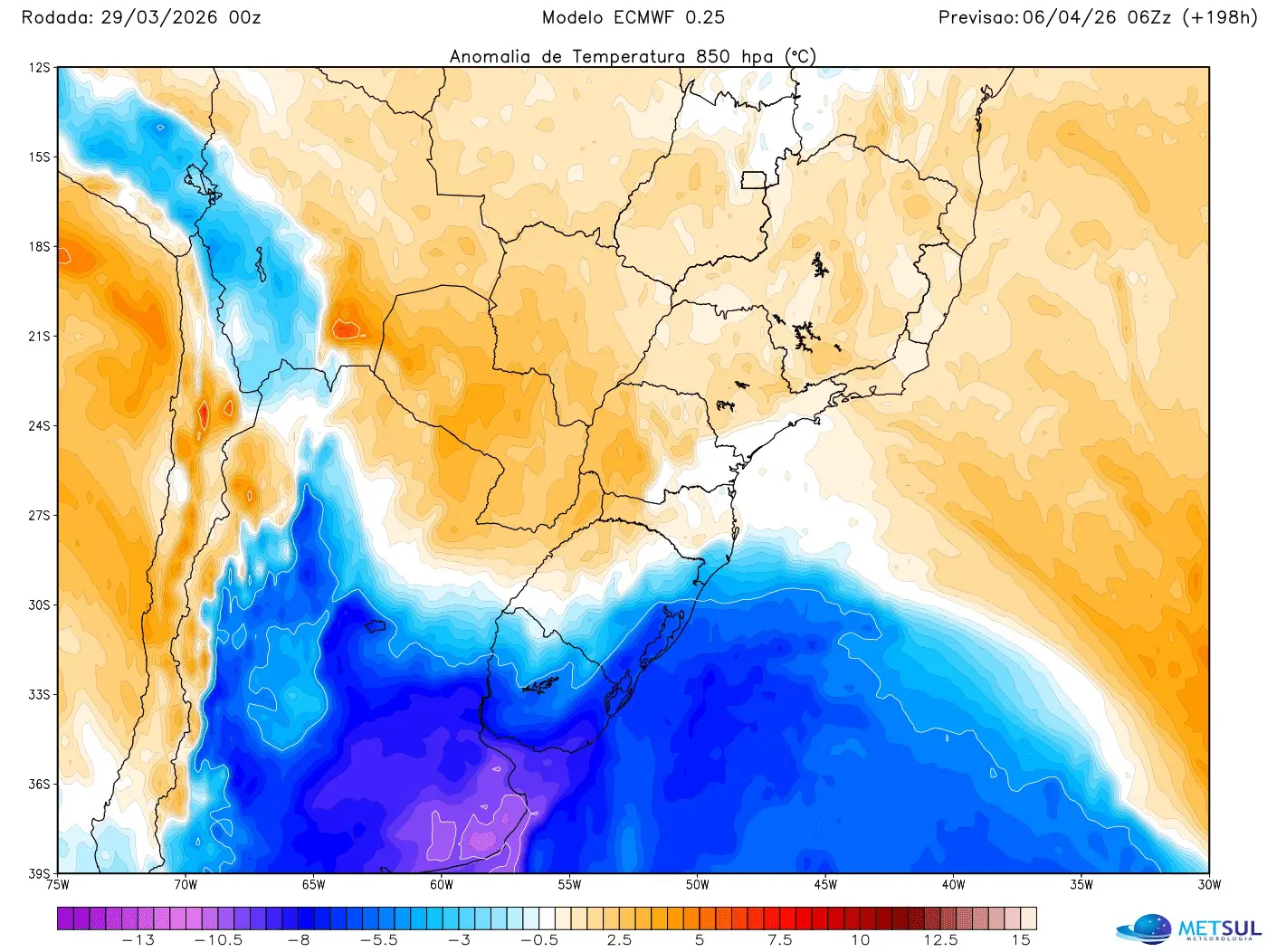 Mapa mostra massa de ar frio